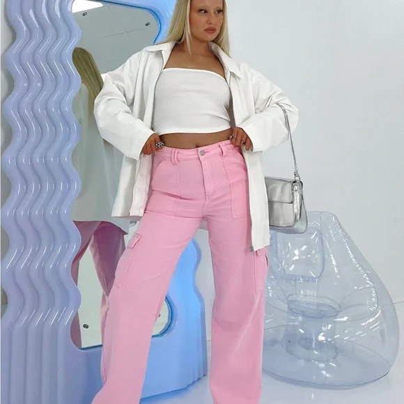 Pink Wide Leg Cargo Jeans - Picture 2 of 6